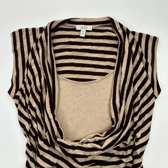 Y2K Cache XS Top Brown Beige Striped Sleeveless Cowl Neck Knit Tank Blouse - Picture 2 of 6